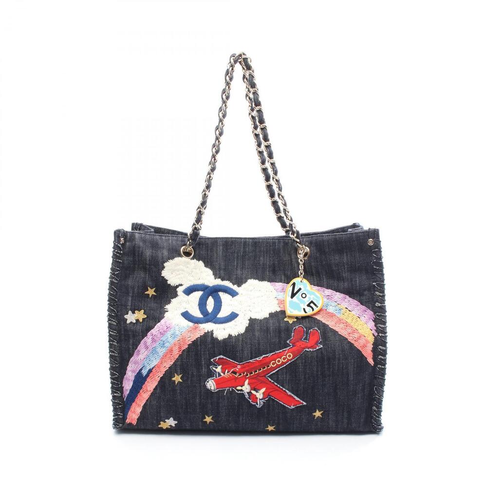 Chanel Night Flight Tote Bag Denim Navy Blue Multicolor